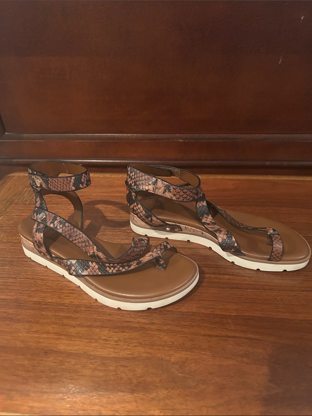 Franco Sarto Brown Snake-Print Platform Ankle-Strap Sandals